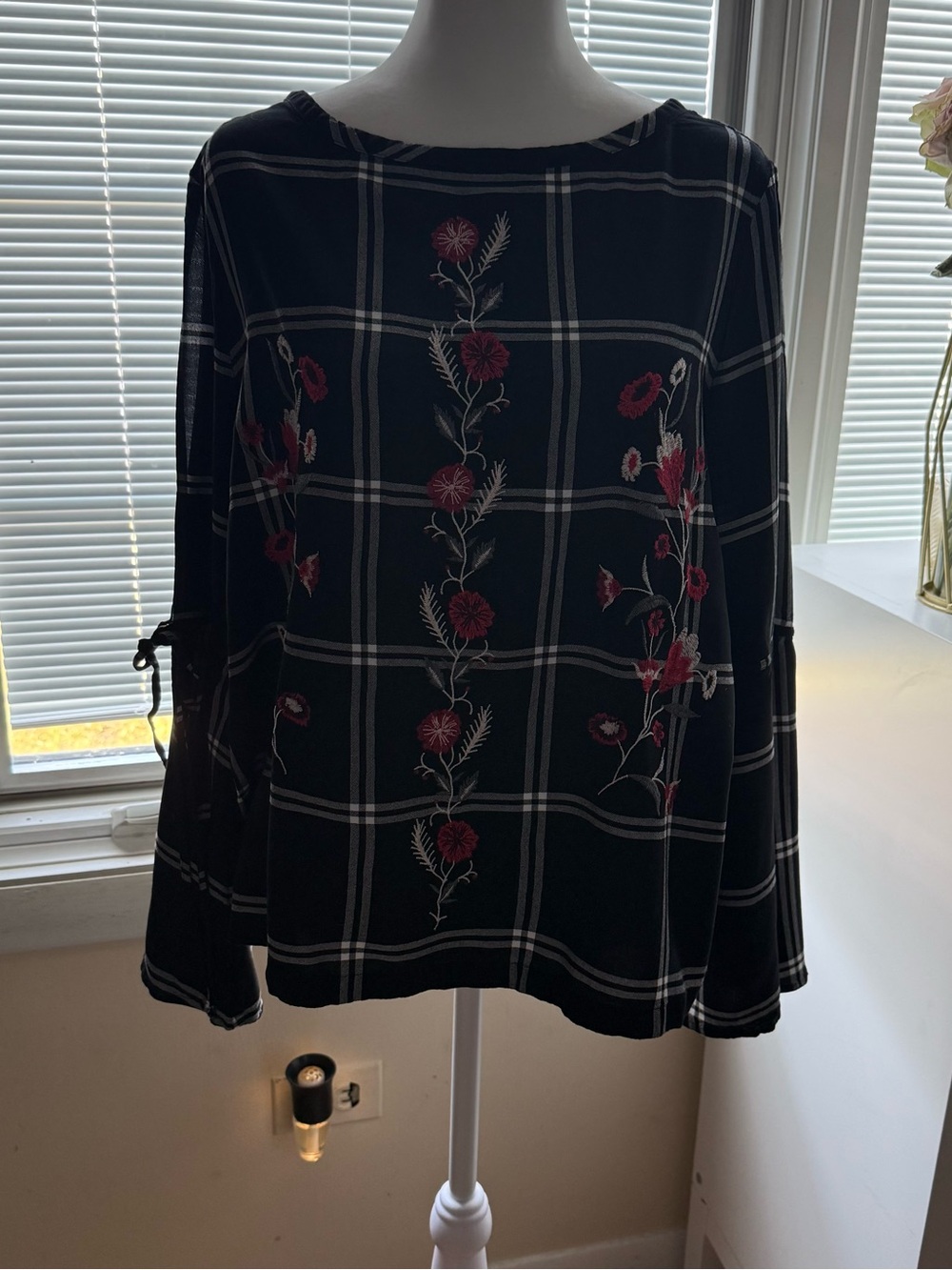 LOFT Black Plaid Top with Red Floral Embroidery